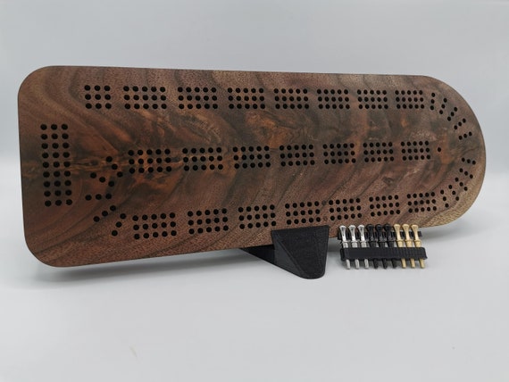 Extraordinary Cribbage Board - 3 Track made from extremely figured black walnut - Includes metal pegs and custom holder