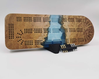 Extraordinary Cribbage Board - 3 Track Live edge Australian burl and blue diamond epoxy resin - Includes metal pegs and custom holder