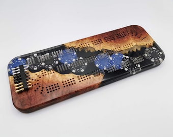 Poker Themed Cribbage Board - 3 Track Live edge red mallee burl and poker chips over black epoxy resin