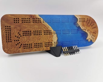 Extraordinary Cribbage Board - 3 Track Live edge Australian burl and blue diamond epoxy resin - Includes metal pegs and custom holder