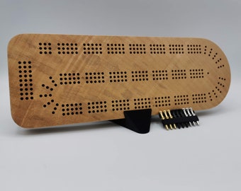 Extraordinary Cribbage Board - 3 Track made from Canadian curly maple - Includes metal pegs and custom holder