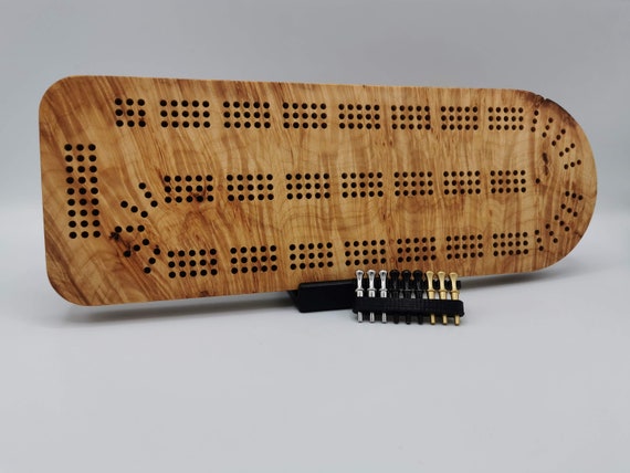 Extraordinary Cribbage Board - 3 Track made from extremely figured maple burl - Includes metal pegs and custom holder