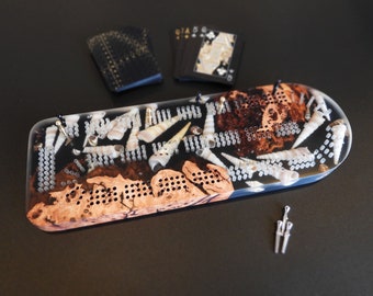 Seashell Cribbage Board - 3 Track Live edge Australian burl and sea shells over black epoxy resin