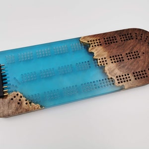 Extraordinary Cribbage Board 3 Track Live edge red mallee burl and blue swirl epoxy resin Includes metal pegs and custom holder image 3