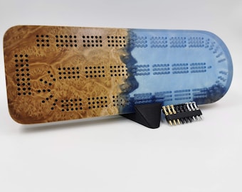 Extraordinary Cribbage Board - 3 Track Live edge Australian burl and blue diamond epoxy resin - Includes metal pegs and custom holder