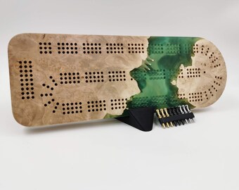 Extraordinary Cribbage Board - 3 Track Live edge maple burl and storm swell green epoxy resin - Includes metal pegs and custom holder