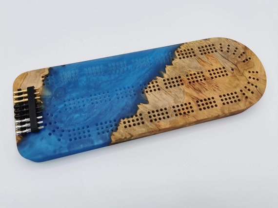 Extraordinary Cribbage Board - 3 Track Live edge Australian burl and blue diamond epoxy resin - Includes metal pegs and custom holder