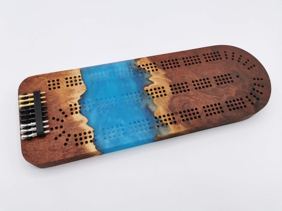 Extraordinary Cribbage Board - 3 Track Live edge Australian burl and blue diamond epoxy resin - Includes metal pegs and custom holder