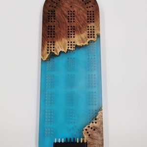 Extraordinary Cribbage Board 3 Track Live edge red mallee burl and blue swirl epoxy resin Includes metal pegs and custom holder image 4