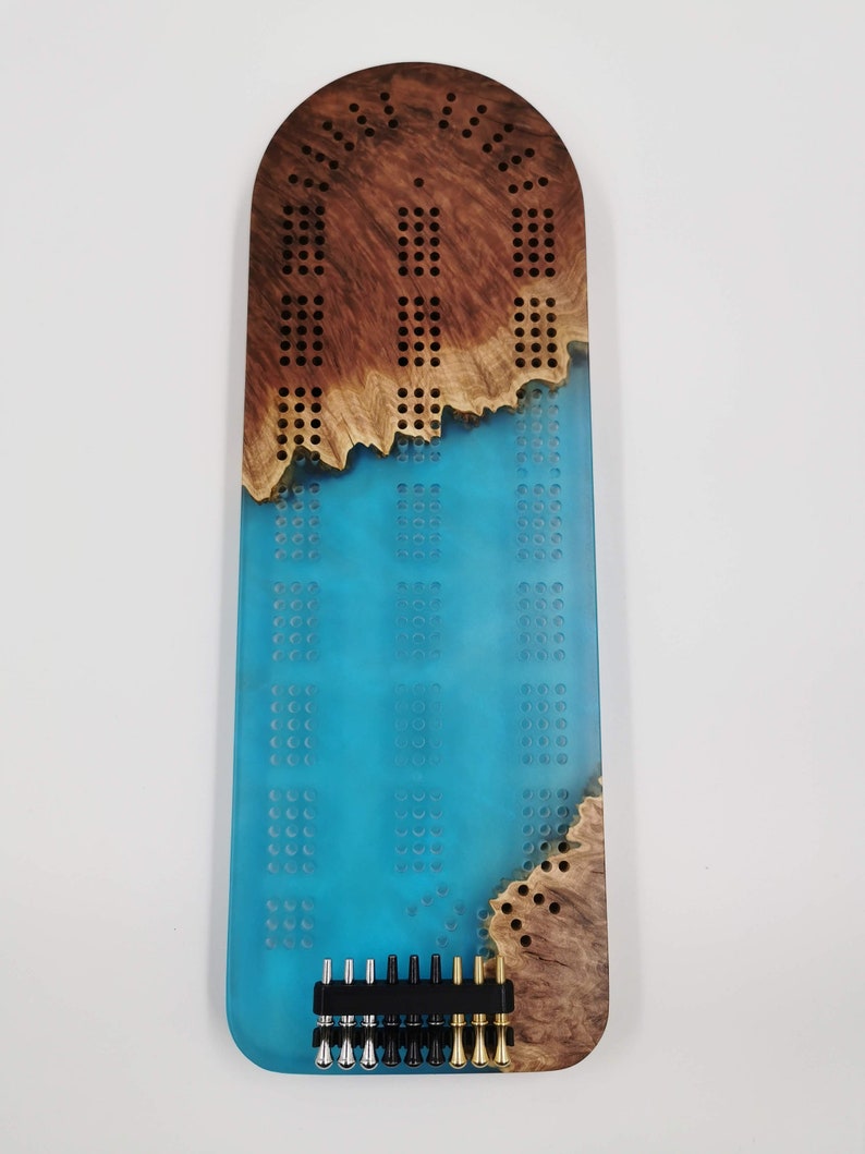 Extraordinary Cribbage Board 3 Track Live edge red mallee burl and blue swirl epoxy resin Includes metal pegs and custom holder image 4