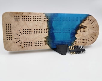 Extraordinary Cribbage Board - 3 Track Live edge maple burl and blue diamond epoxy resin - Includes metal pegs and custom holder