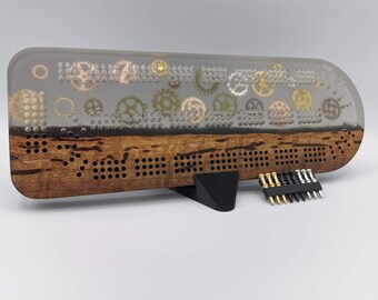 Extraordinary Cribbage Board - 3 Track Live edge California claro walnut and metal gears over smoky grey epoxy resin