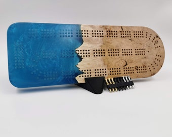 Extraordinary Cribbage Board - 3 Track Live edge maple burl and blue diamond epoxy resin - Includes metal pegs and custom holder