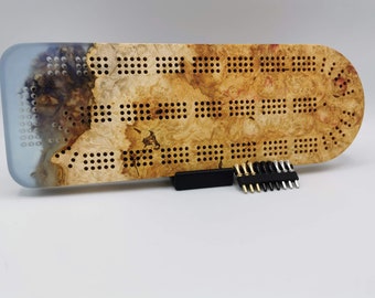 Extraordinary Cribbage Board - 3 Track Live edge maple burl and blue diamond epoxy resin - Includes metal pegs and custom holder