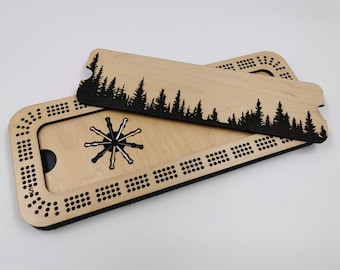 Custom Engraved Forest Cribbage Board - 3 track with metal pegs included, peg storage built into board