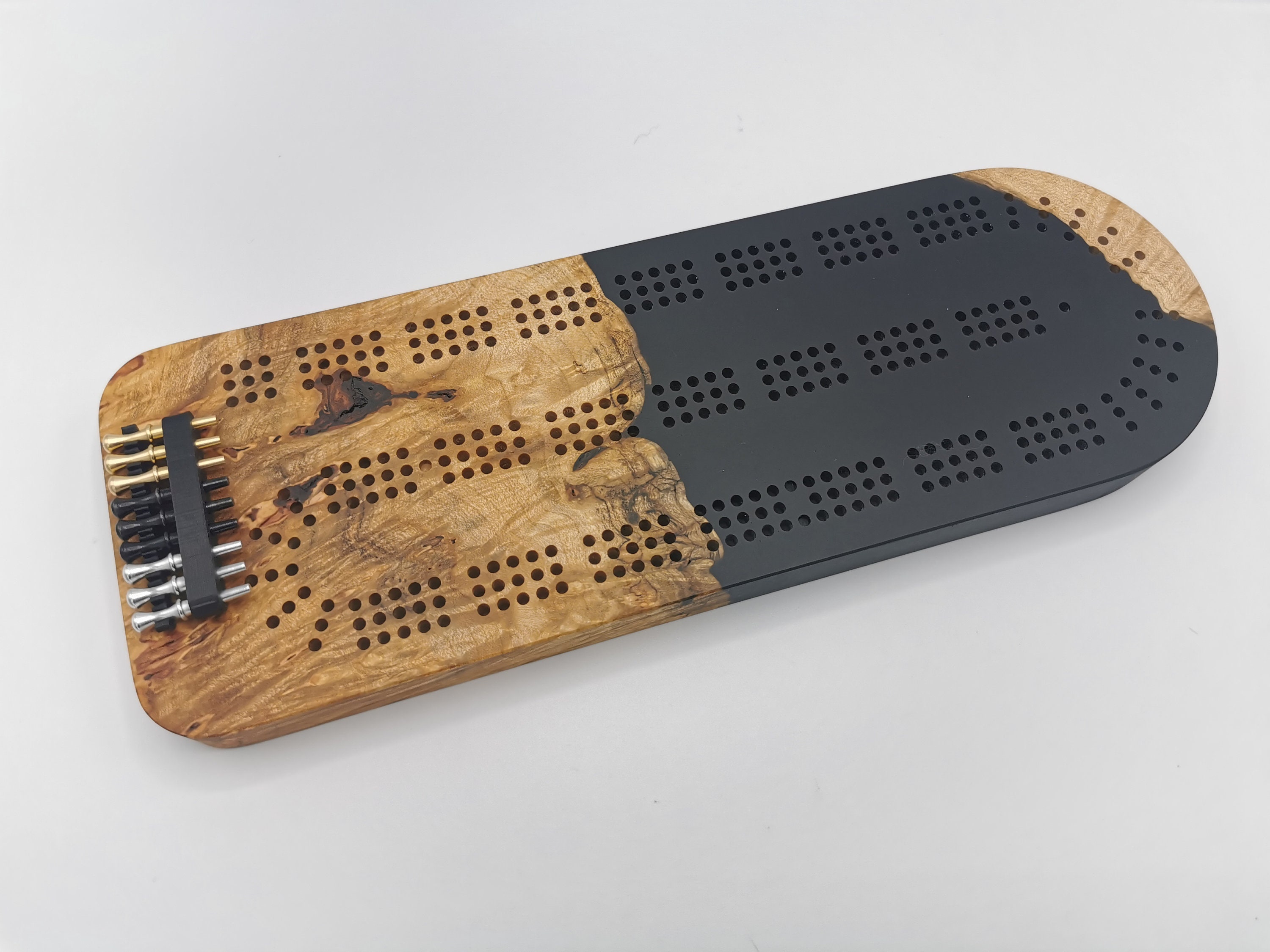 Stunning Cribbage Board 3 Track Live edge maple burl and matte black epoxy resin Includes