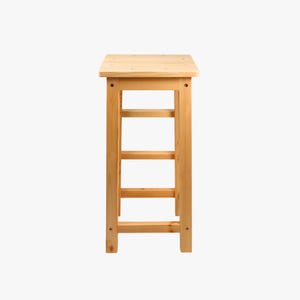May include: A natural wood stool with a square top and three horizontal supports. The stool is made of light-colored wood and has a simple, functional design. The stool is suitable for various uses.