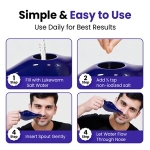Puede incluir: Una gu&iacute;a paso a paso para usar un enjuague nasal. La imagen muestra un dispositivo de enjuague nasal azul e instrucciones: llenar con agua salada tibia, agregar &frac12; cucharadita de sal no yodada, insertar suavemente la boquilla y dejar que el agua fluya por la nariz. Texto: Simple & Easy to Use.