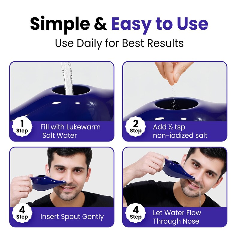 Puede incluir: Una gu&iacute;a paso a paso para usar un enjuague nasal. La imagen muestra un dispositivo de enjuague nasal azul e instrucciones: llenar con agua salada tibia, agregar &frac12; cucharadita de sal no yodada, insertar suavemente la boquilla y dejar que el agua fluya por la nariz. Texto: Simple & Easy to Use.