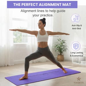 May include: A purple yoga mat with alignment lines is shown with a woman in a yoga pose. The mat has the text "THE PERFECT ALIGNMENT MAT" and "Alignment lines to help guide your practice." The mat is anti-slip and long-lasting.
