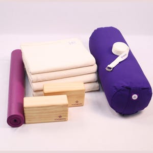 Yoga Kit for Beginners, Iyengar Yoga Blanket/ Round Yoga Bolster/ Sticky Mat/ Yoga Block 2pc & Strap