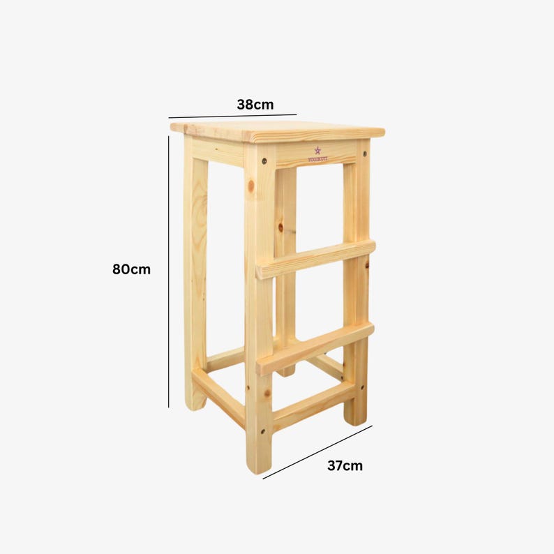 May include: A natural wood step stool, 31.5 inches tall, 14.6 inches wide, and 14.9 inches deep. The stool has a square top and three horizontal rungs for support. The wood has visible grain and is unfinished.