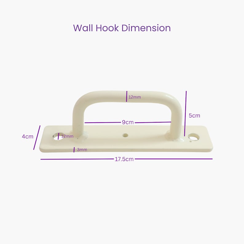 May include: White metal wall hook with a 9cm wide opening and a 5cm tall hook. The hook is 17.5cm wide and 4cm tall. The hook has two holes for mounting.