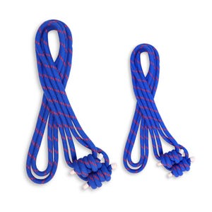 May include: Two lengths of blue rope with a repeating diagonal red pattern, each coiled into a loop and secured at the bottom with a series of knots wrapped around a small, light-coloured cylindrical wooden dowel, creating a structured cord design.