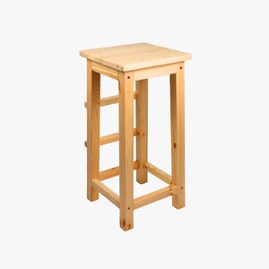 May include: A tall, unfinished wooden stool with a square seat and four straight legs. The stool has a simple design with horizontal supports and is made of light-colored wood. The stool is approximately 24 inches tall.