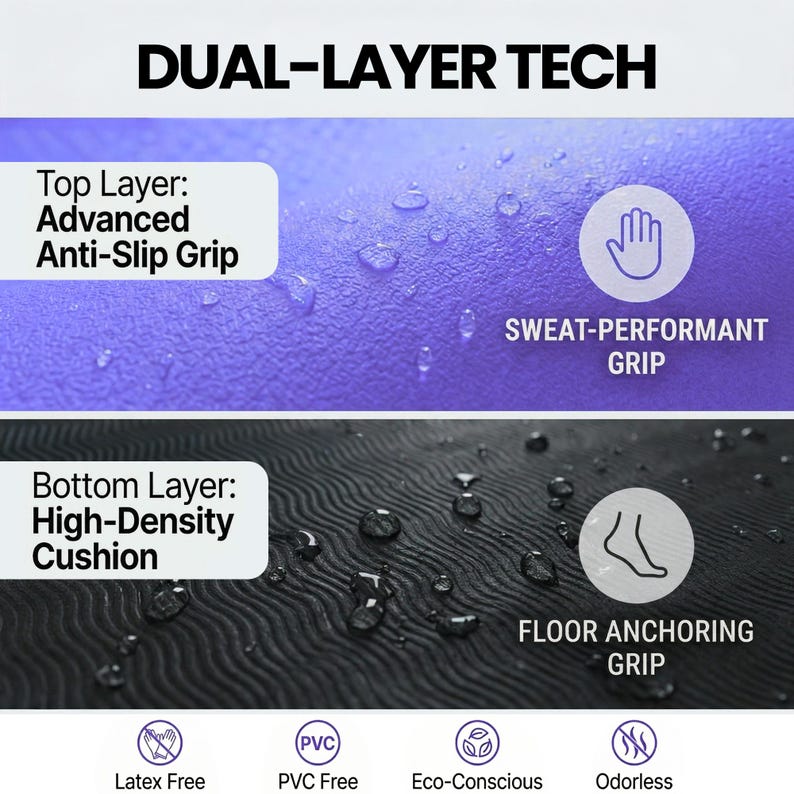 May include: A close-up of a dual-layer product with the text "DUAL-LAYER TECH". The top layer is purple with "Advanced Anti-Slip Grip" and "Sweat-Performant Grip". The bottom layer is black with "High-Density Cushion" and "Floor Anchoring Grip".