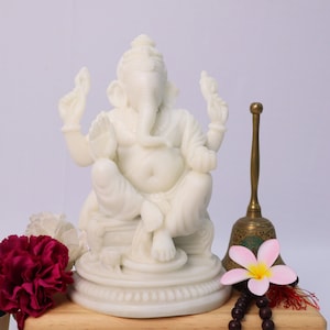 White Marble Ganesha 8 inch(Plain), Lord Ganesha Statue Home Decor & Yoga Studio Decor