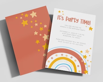 Modern Cute fun Birthday Invitation Template Rainbow Stars Girl Boy Birthday Party Invite Template First Birthday