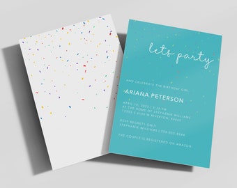Girl, Boy, Birthday Party Invitation Template, Modern, Cute, Rainbow, Star, Blue, Purple, Sprinkles