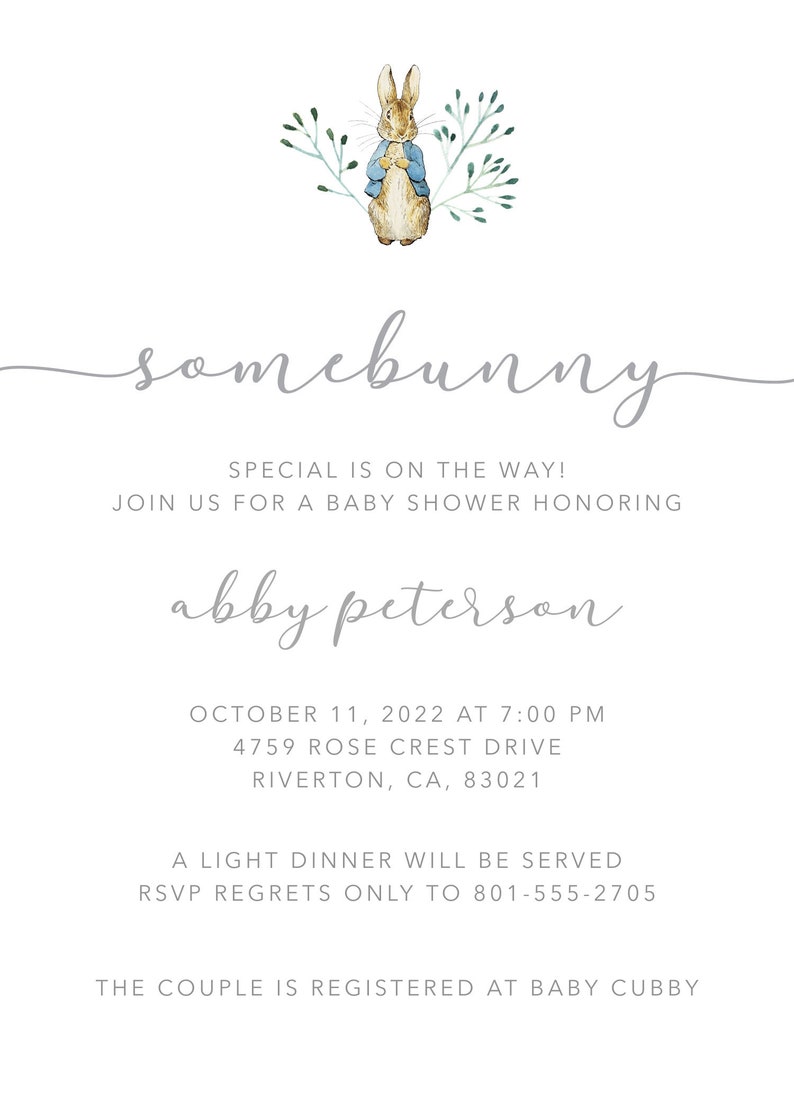 Cubbies Invite Peter Rabbit Theme Baby Shower Invitation Template, Blue Baby Shower ...