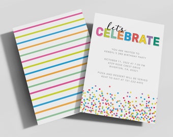 Confetti Rainbow Birthday Invitation Template, Girl, Boy, Party Birthday Party Invite