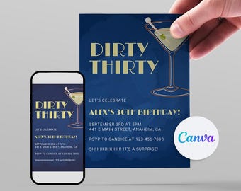 Dirty 30 Birthday Invitation Template, Martini Design (Digital)
