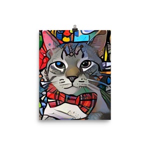 May include: A colorful, abstract painting of a cat wearing a red and black bow tie. The cat's fur is gray and white, and its eyes are blue. The background is a mix of bright colors and patterns.
