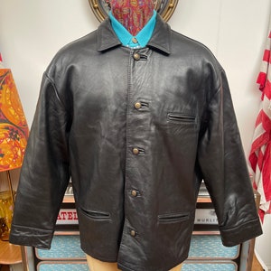Superb Vintage 1980s Sardar London slightly oversized black soft leather box jacket with oversized shoulders.Large to 44”c vgc