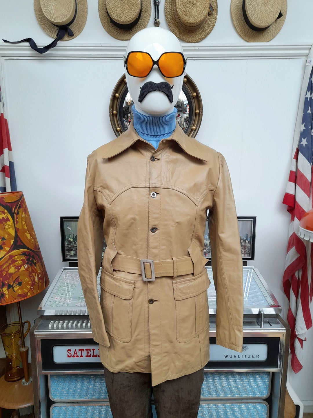 Vintage Late 1960s 70's Dandy Mod Light Tan Leather Belted Norfolk ...