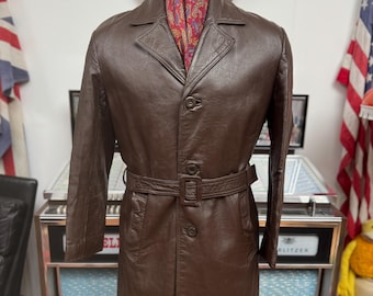 Vintage late 1960s early’s 70’s dandy Mod Hepworths chocolate brown belted 3 button leather jacket coat trenchcoat.Medium to 42”c vgc