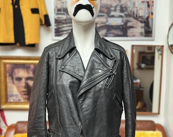 Vintage 1970s original thick leather RK Kershaw TT Isle of Man style biker greaser Motorcycle jacket with stunning red lining Small 36-38”c