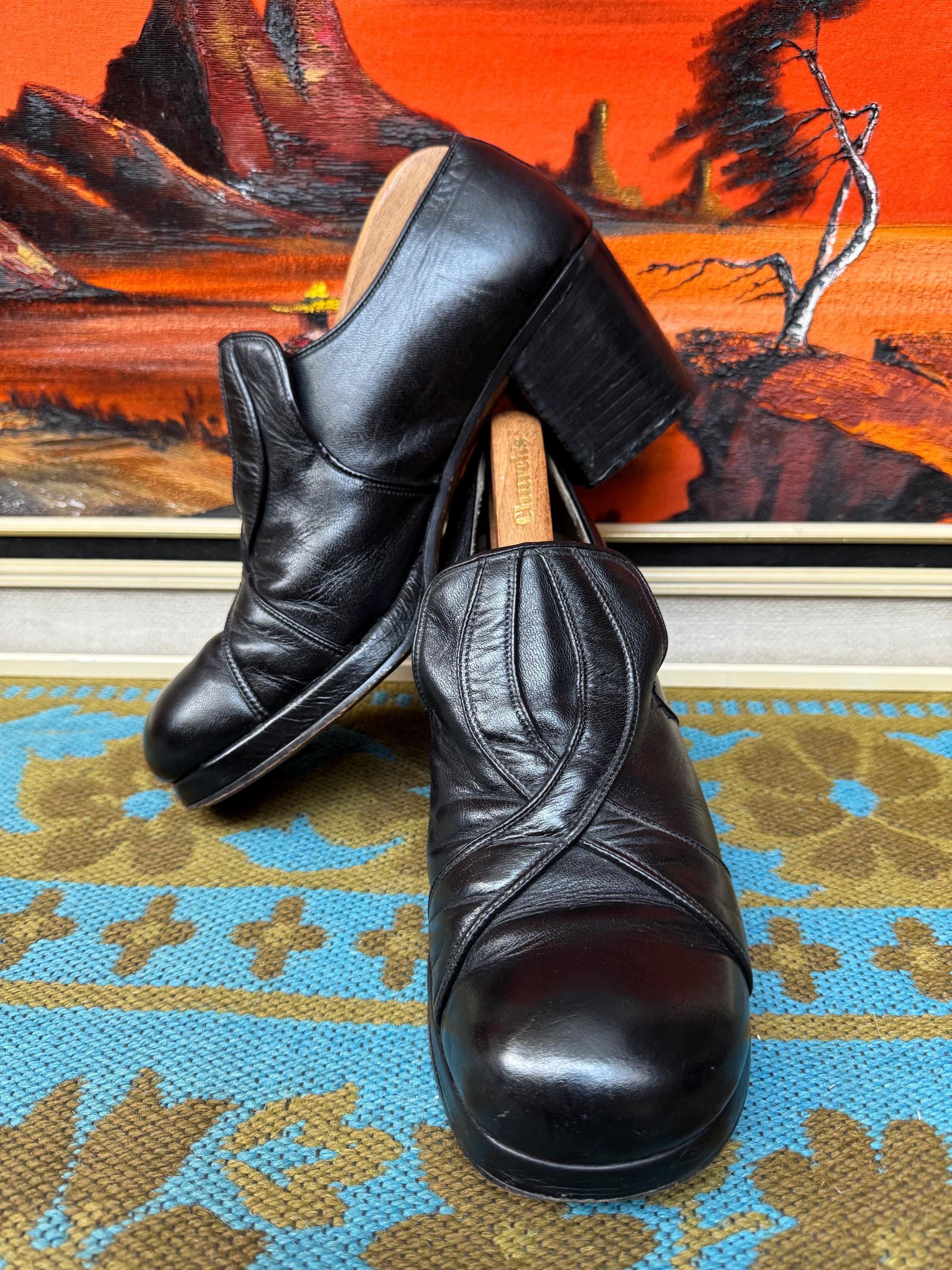 Vintage 1970s Mid 70's Black Leather 3” Inch High Block Heel Slip