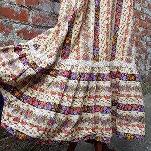 Vintage 1970s late 60s style Prairie Bohemian full length floral embroidered fitted flared Maxi dress.Hippy,festival,freakbeat.X Small S 6-8