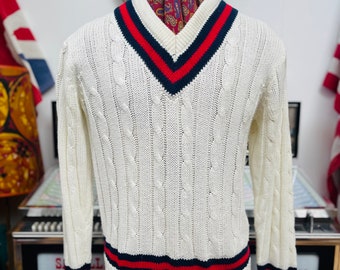 Classic Vintage 1970s 80’s acrylic Falcon Sportswear preppy Ivy League Cricket jumper,punting,glorious Goodwood etc.Large vgc