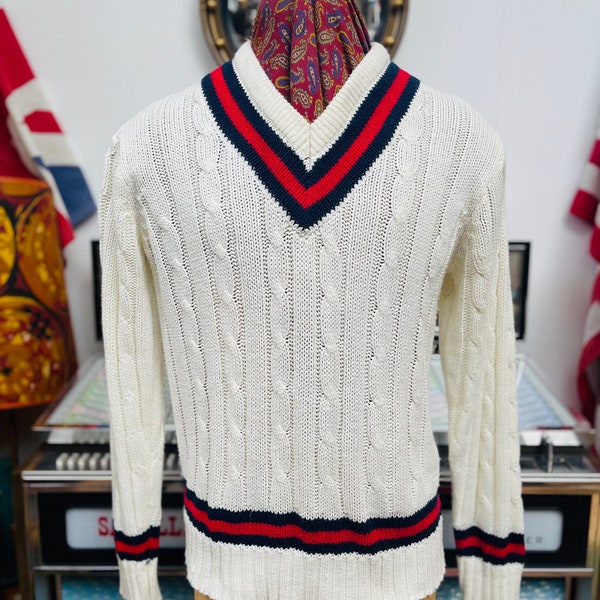 Classic Vintage 1970s 80’s acrylic Falcon Sportswear preppy Ivy League Cricket jumper,punting,glorious Goodwood etc.Large vgc