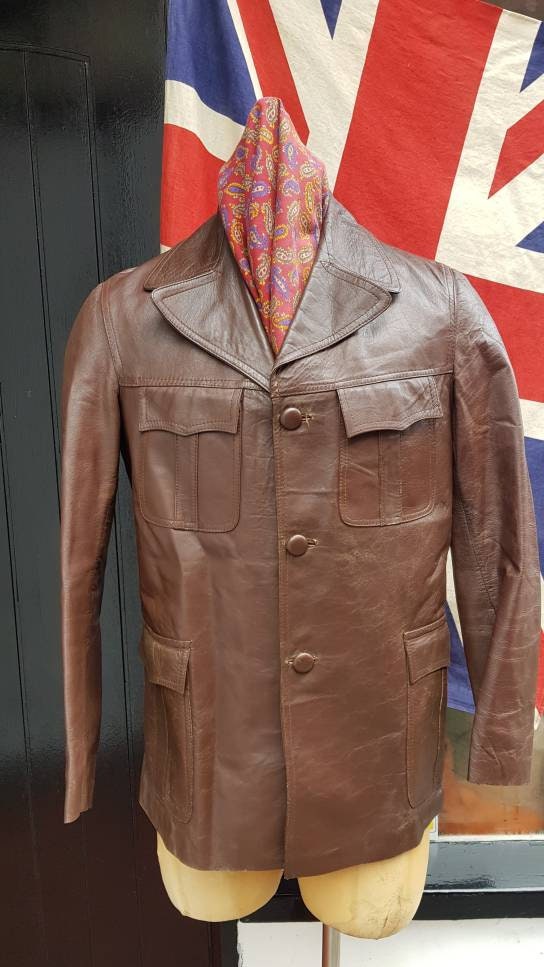 Image of Vintage Late 1960S 70's Brown Leather Half Belt Back Safari Jacket.slightly Distressed, Mod Jazz, Sartorial Donnie Brasco.medium 39-41" Chest