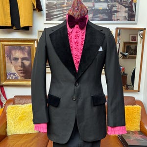 Vintage late 1960s early 70’s terylene worsted wool black Tuxedo dinner suit with velvet trim,DJ & trousers dress suit.Small to Medium vg