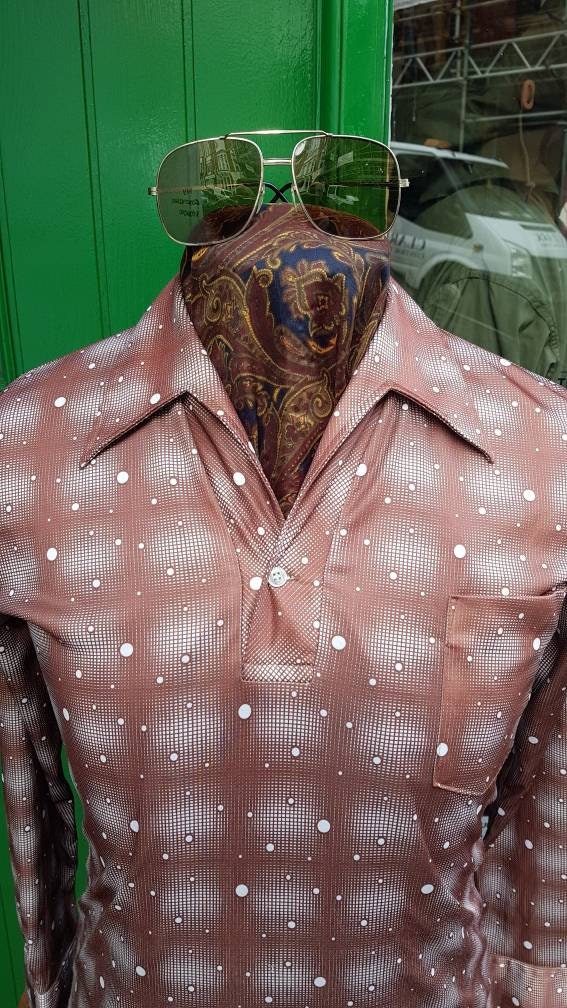 Image of Vintage 1970S 70's King Daily Japanese Nyc Pop Over Open Neck New York Studio 54 Disco Dandy Scarface Pull Over Shirt.small To Fitted 39"C