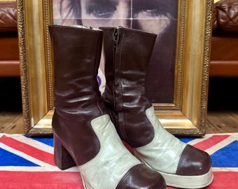 RARE Vintage 1970s brown/cream mid calf high stacked wooden heel side zip leather Glam Rock Platform boots.Slade,Sweet,Bowie.UK size 10