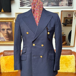 70's Ireland製 Bespoke Double Navy Blazer Vintage BESPOKE Men's Navy Blue Sport Coat Double Breasted
